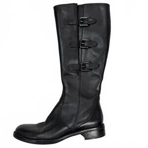 Black Women's Ecco full grain leather knee high moto buckle riding boots size 40